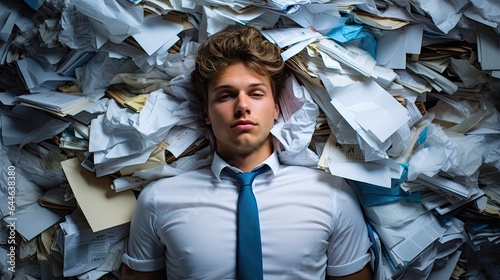 Tired office worker sleeps at the workplace on a pile of documents. The concept of workaholism and overtime that leads to exhaustion. Illustration for banner, poster, cover, brochure or presentation.