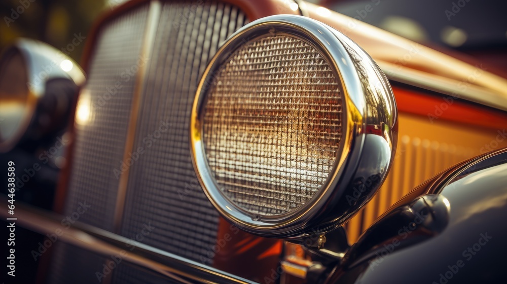 Headlight of a retro car close-up. Fragment of a vintage car. Front detail of a classic automobile. Illustration for banner, poster, cover, brochure or presentation. Headlight of a retro car close-up. Fragment of a vintage car. Front detail of a classic automobile. Illustration for banner, poster, cover, brochure or presentation.