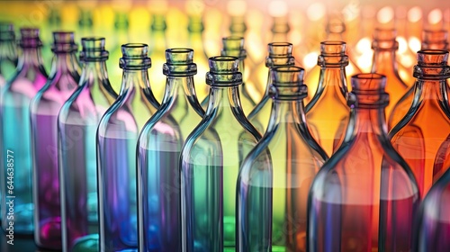 Rows of transparent empty glass bottles in a factory to be filled with a production product. Conveyor belt at the factory. Recycling of glass containers. Illustration for cover  brochure  ad  etc.