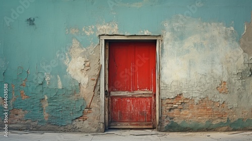 Fotografia The dilapidated wall of the building and the wooden door require major repairs