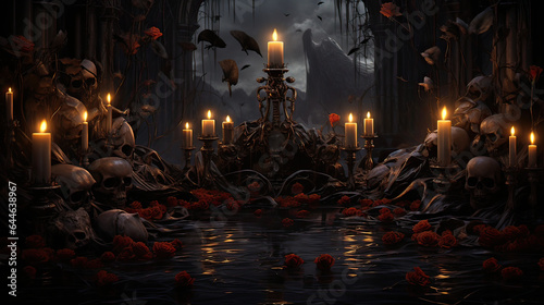 A scary scene with roses and candlelight. AI generative