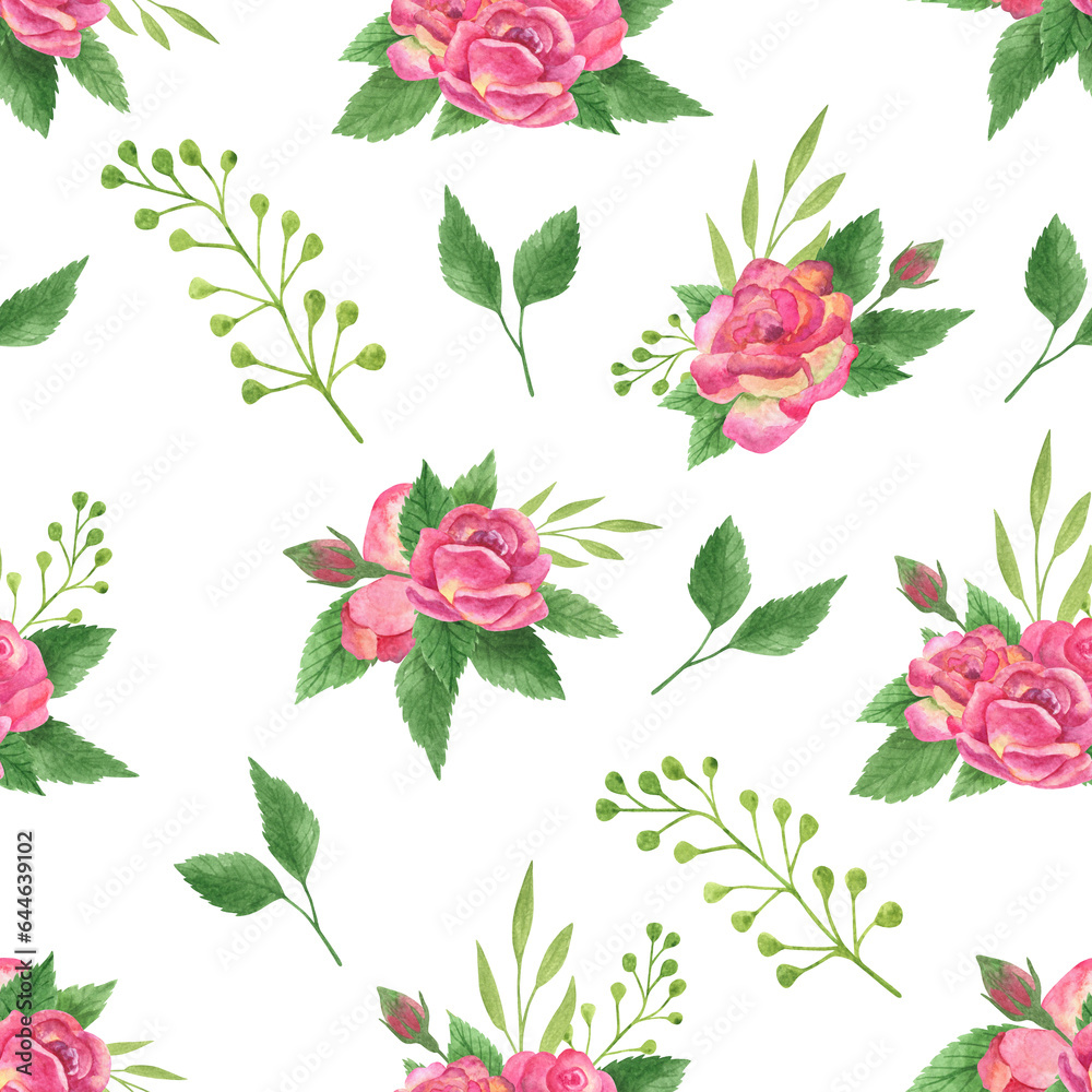 Seamless pattern with roses arrangements. Hand drawn watercolor illustration