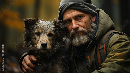 portrait of an old man with dog in the forest. man and dog with a pet on the background.