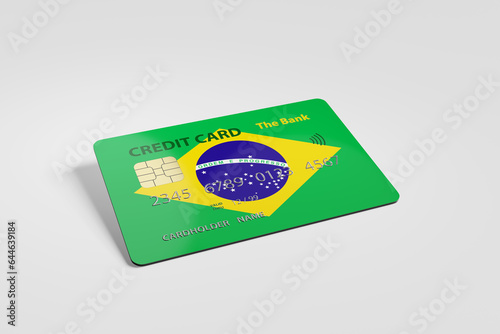 Credit card showing the national flag of Brazil on white background. Illustration of the concept of Brazilian consumer behaviour and credit card issues
