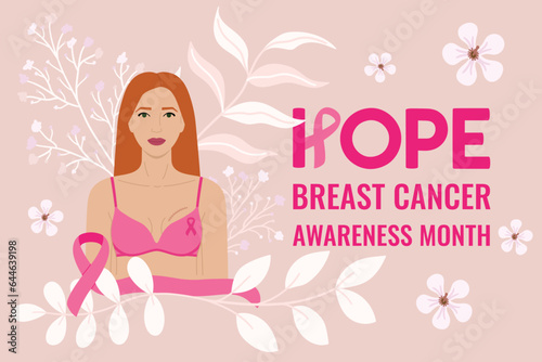 Breast Cancer Awareness Month. Hope phrase. Redhead woman with flowers, lumpectomy breast scar and pink ribbon on her bra. Cancer prevention, women health care support vector illustration