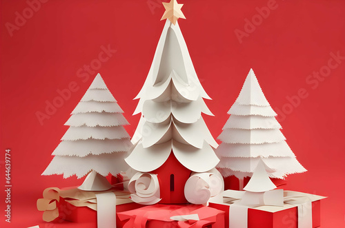 christmas tree on a podium with gifts paper art style ai generated background