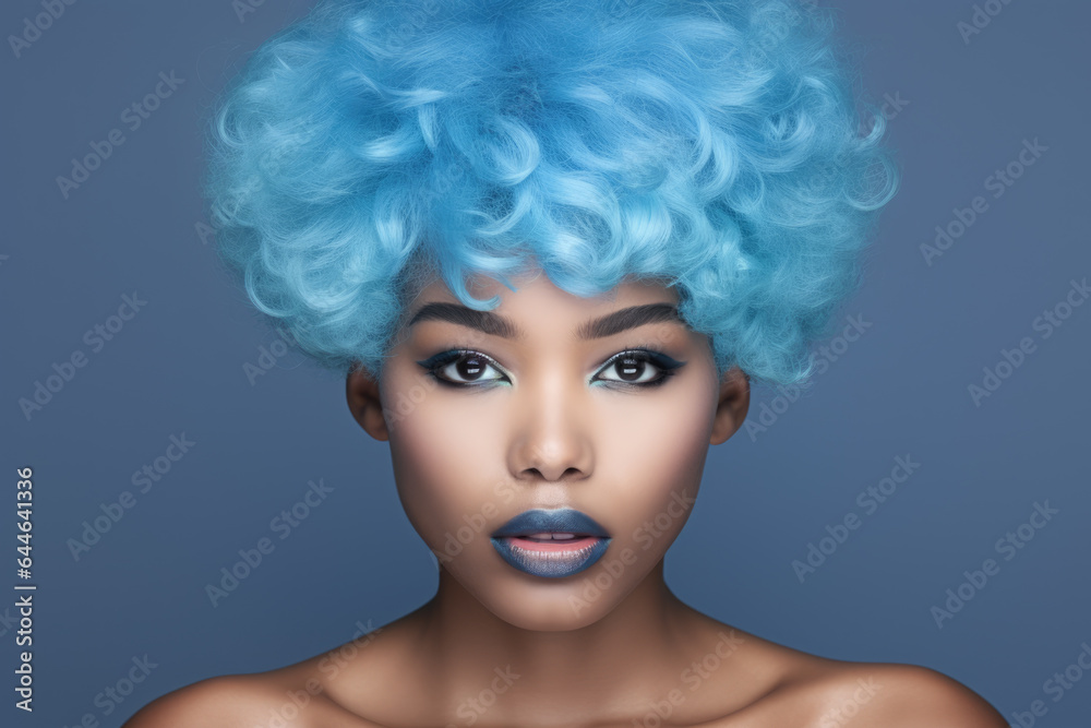 Close-up shot of person wearing vibrant blue wig. Perfect for adding pop of color to any project or design.