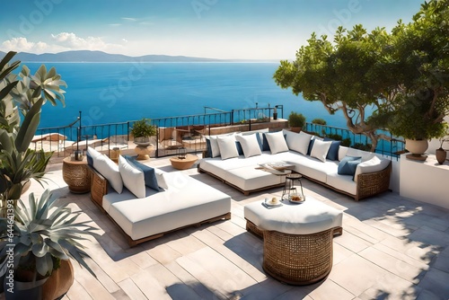 The tranquil ambiance of a Mediterranean villa's rooftop terrace, with panoramic vistas and cozy seating  © Fahad