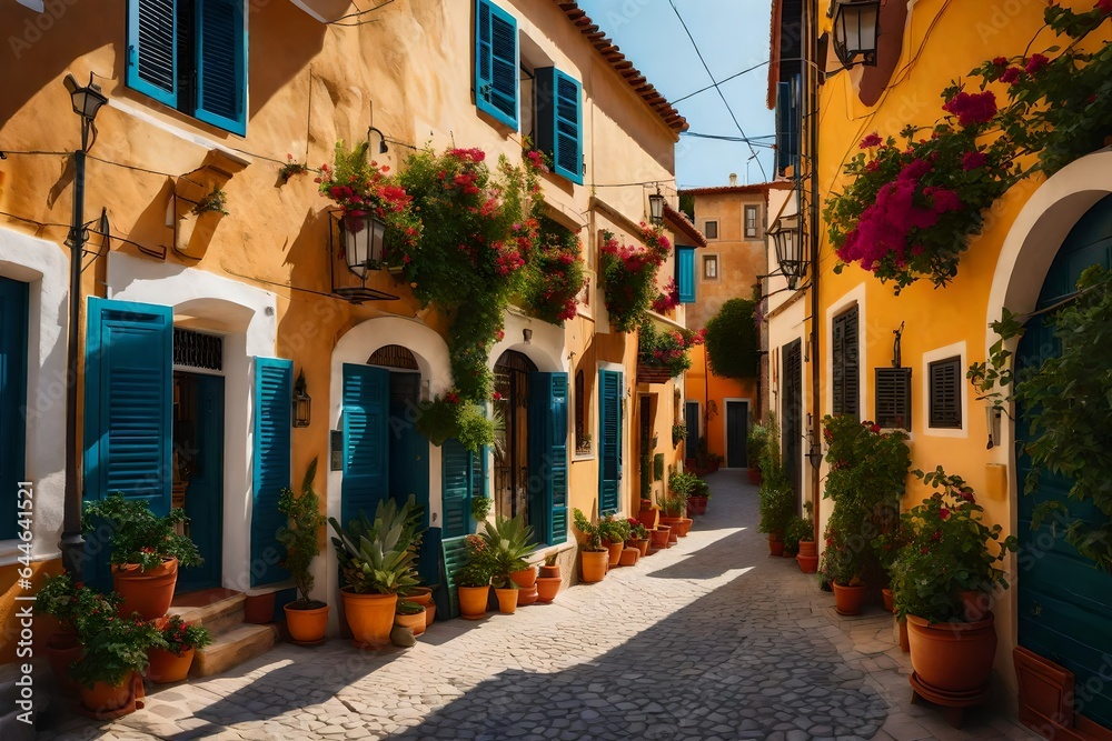 A Mediterranean villa's charming village street, with outdoor cafes and colorful facades 