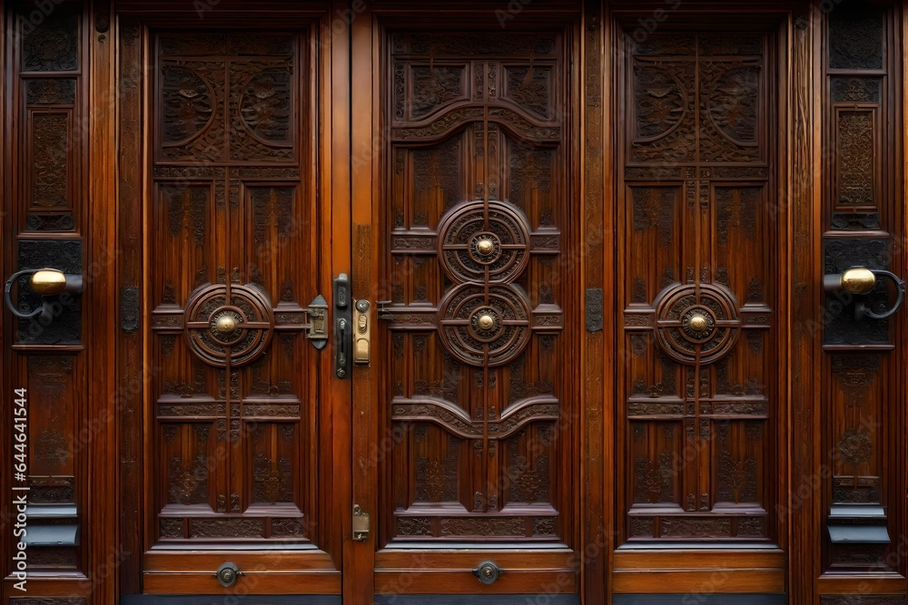 An ornate Craftsman-style door, with intricate wood carvings and vintage hardware An ornate Craftsman-style door, with intricate wood carvings and vintage hardware