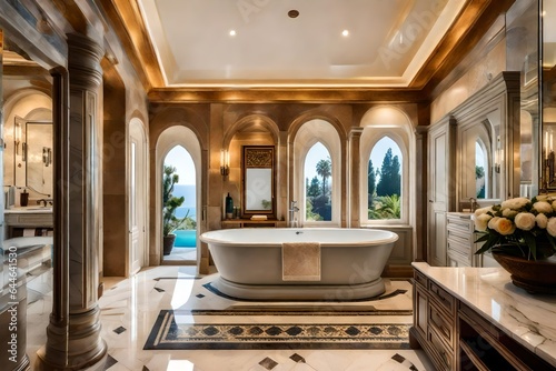 The timeless elegance of a Mediterranean villa s marble bathroom  with a soaking tub and mosaic accents 