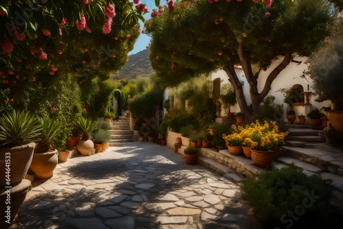 A picturesque Mediterranean garden  with stone pathways and fragrant citrus trees 