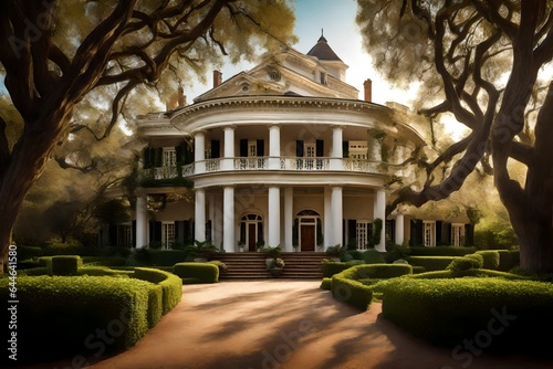 A grand Colonial mansion, framed by a lush garden and surrounded by towering oak trees, exuding timeless elegance  © Fahad