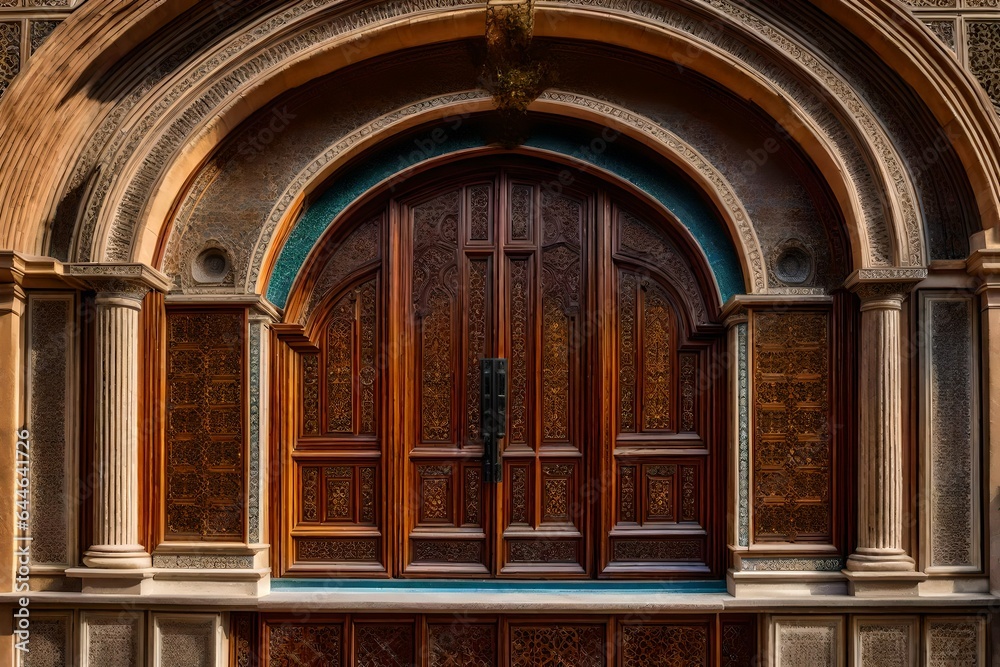 The intricate woodwork of a Mediterranean villa's arched front door, adorned with floral motifs 