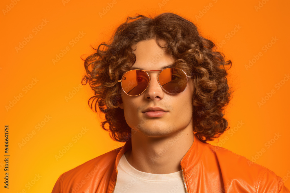 Young man wearing leather jacket and sunglasses. This image can be used to portray cool and stylish look.