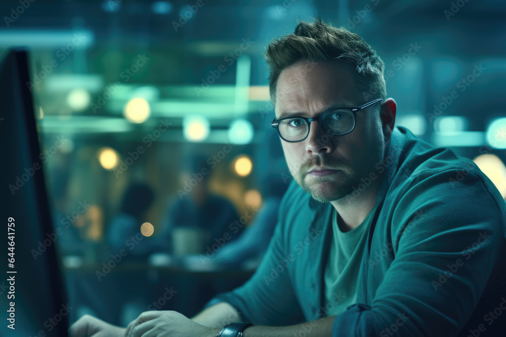 Man sitting at desk using computer. This image can be used to illustrate concepts such as technology, work, office, or productivity. Man sitting at desk using computer. This image can be used to illustrate concepts such as technology, work, office, or productivity.