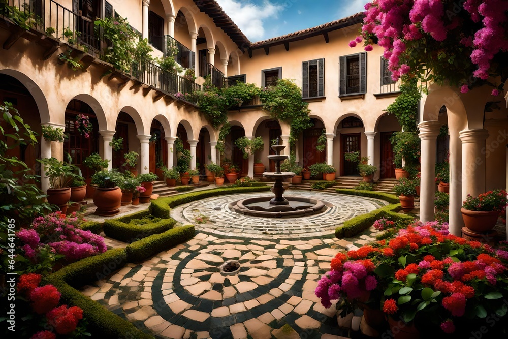 An enchanting Colonial courtyard, with cobblestone paths, blooming flowers, and a central fountain, radiating tranquility 