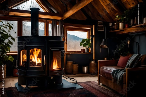 The warmth of a tiny home s wood-burning stove  casting a comforting glow on a chilly evening 