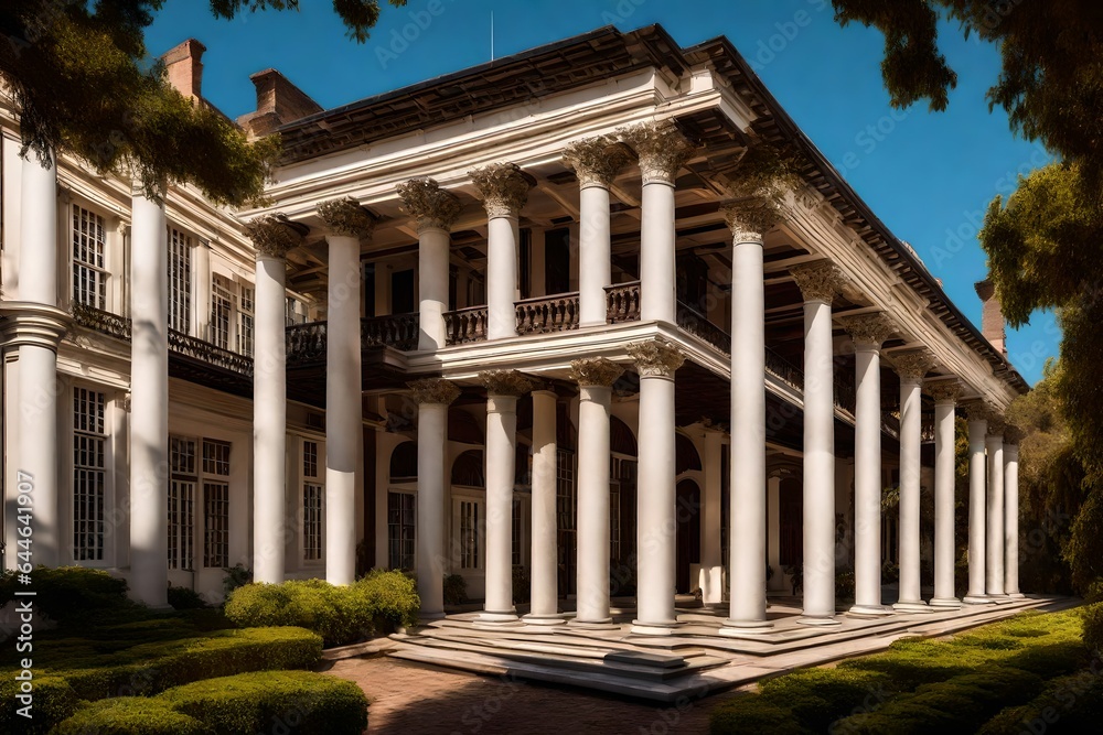 The colonial-era architecture of a historic mansion, showcasing its imposing columns and timeless beauty 