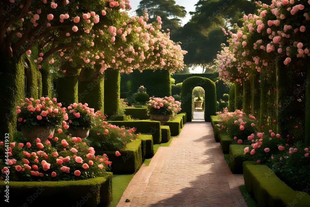A serene Colonial garden path, lined with fragrant roses and framed by meticulously trimmed hedges, inviting a leisurely stroll 