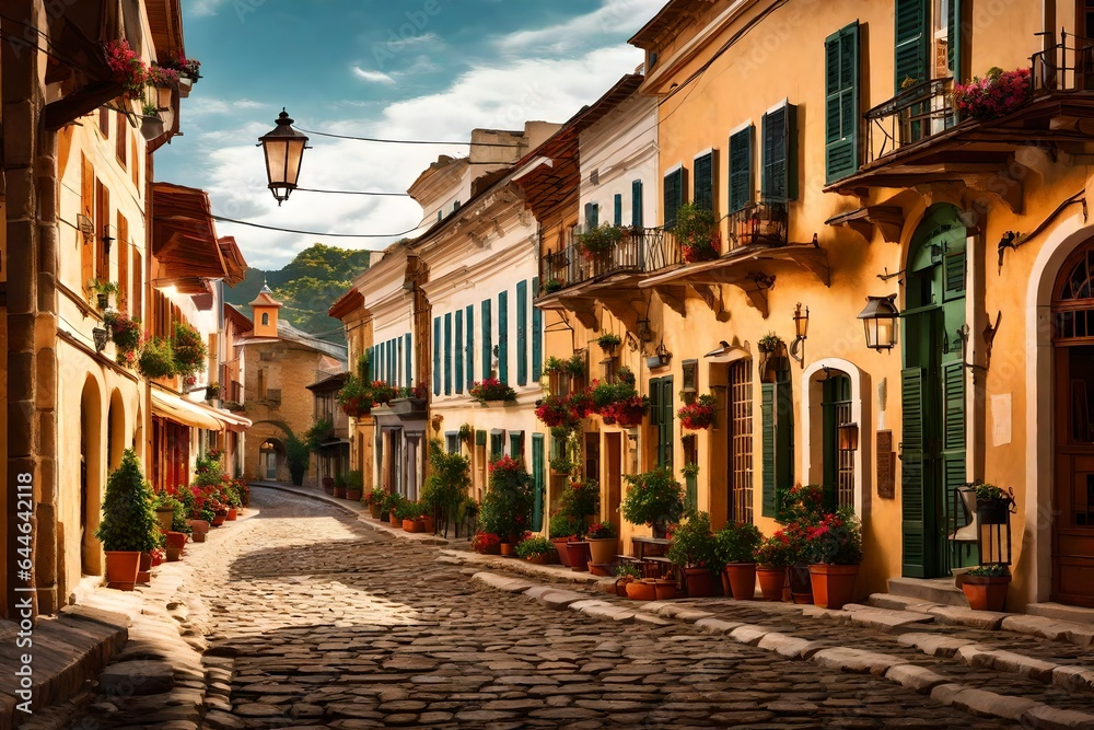 A colonial-style town square, with cobblestone streets, historic facades, and the buzz of daily life in a charming village 