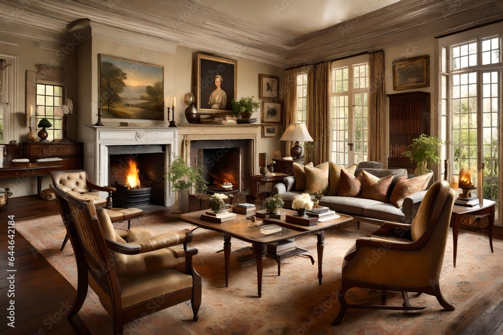 The classic elegance of a Colonial living room, with antique furnishings and a roaring fireplace 