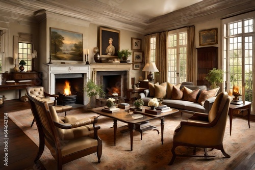 The classic elegance of a Colonial living room  with antique furnishings and a roaring fireplace 