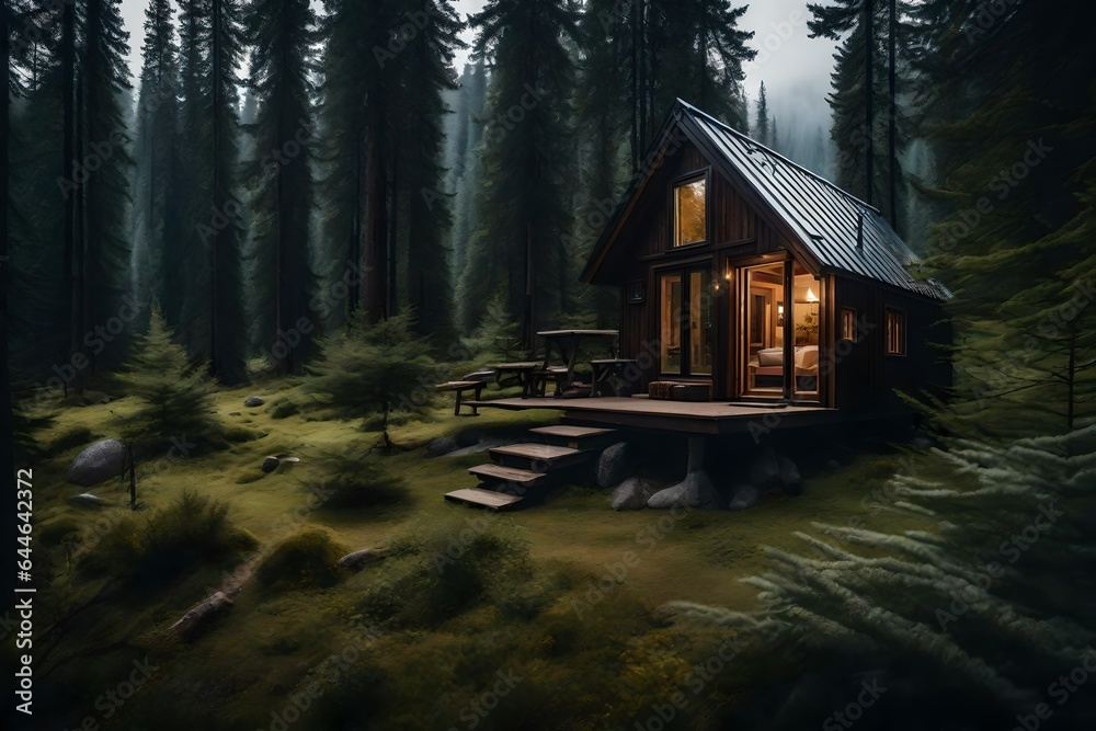 A serene view from the windows of a tiny home, showcasing the beauty of a remote wilderness location A serene view from the windows of a tiny home, showcasing the beauty of a remote wilderness location