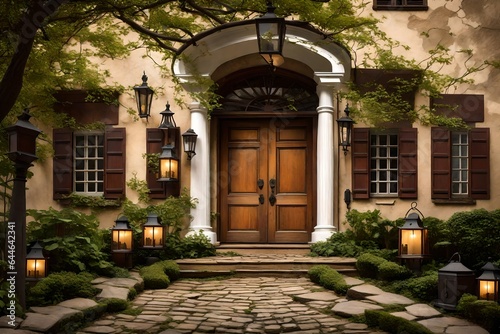 The inviting entryway of a Colonial home  with a grand wooden door  flanked by antique lanterns  and a cobblestone path 