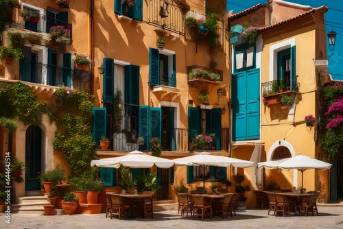 A Mediterranean villa's charming village street, with outdoor cafes and colorful facades 