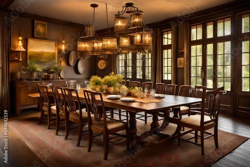 The inviting ambiance of a Colonial dining room, with a long wooden table, vintage chandeliers, and a warm, welcoming atmosphere 