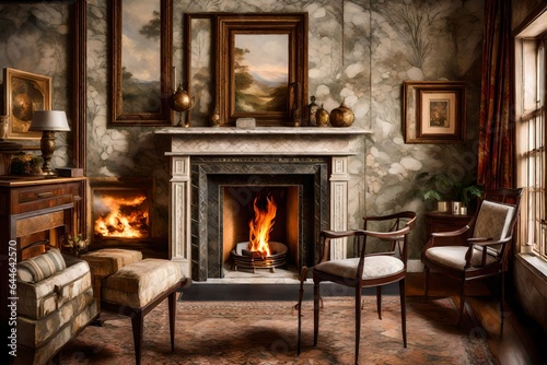 The classic design of a Colonial fireplace  with a marble mantle  intricate tiles  and a cozy fire crackling in the hearth 
