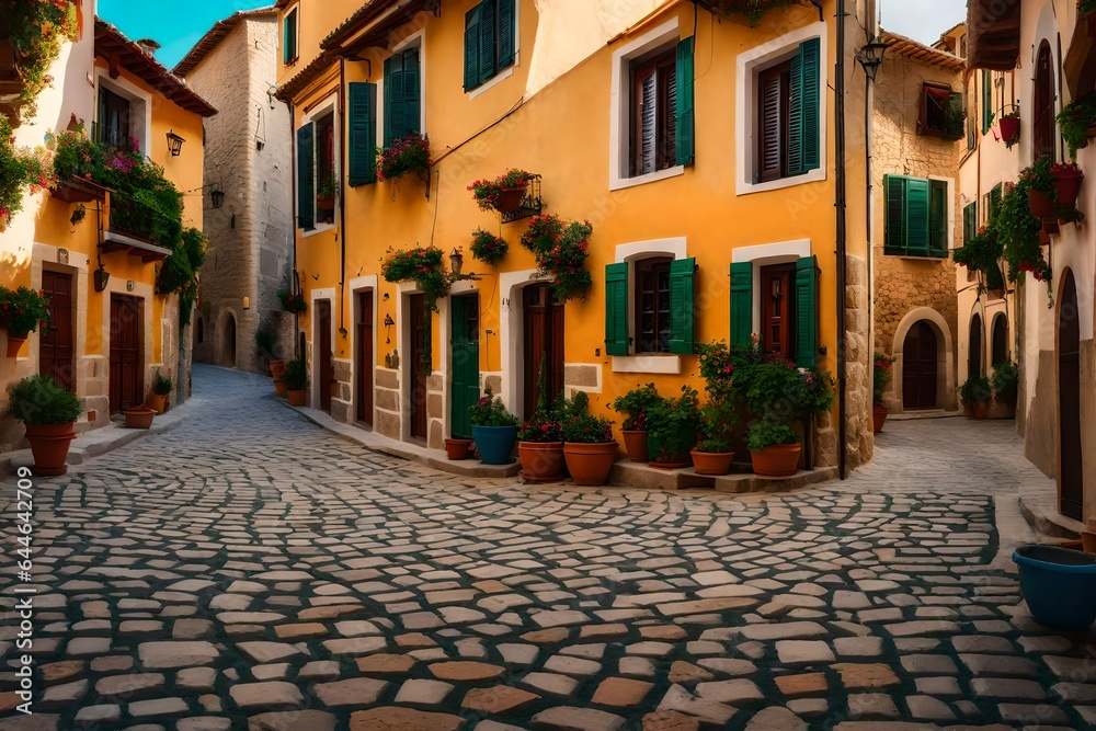 A picturesque Mediterranean village square, with cobblestone streets and colorful buildings 