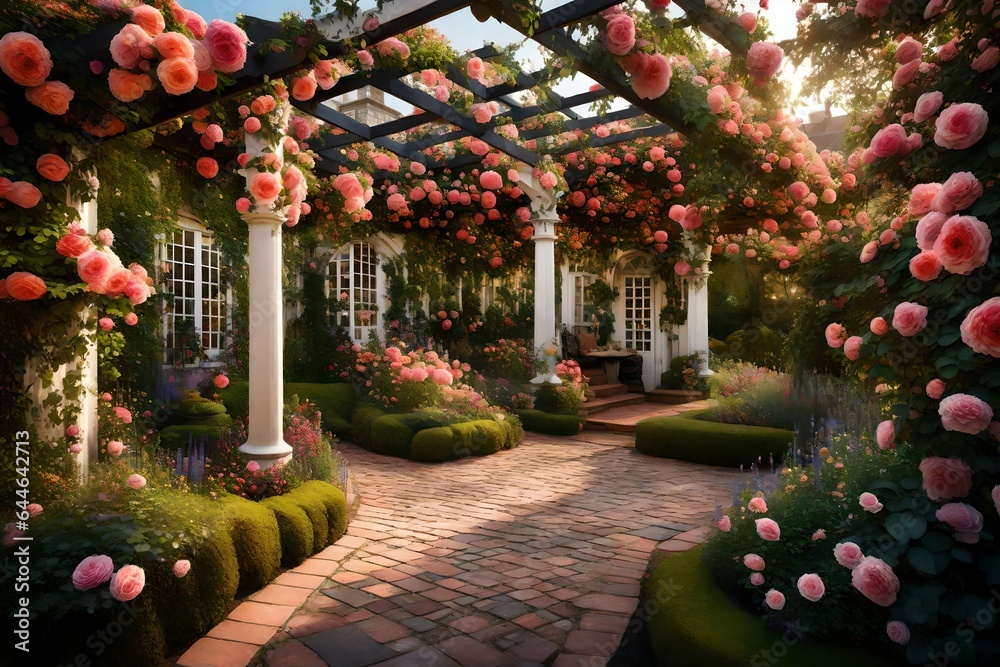 An ornate Colonial garden, bursting with colorful blooms and featuring a pergola covered in climbing roses 