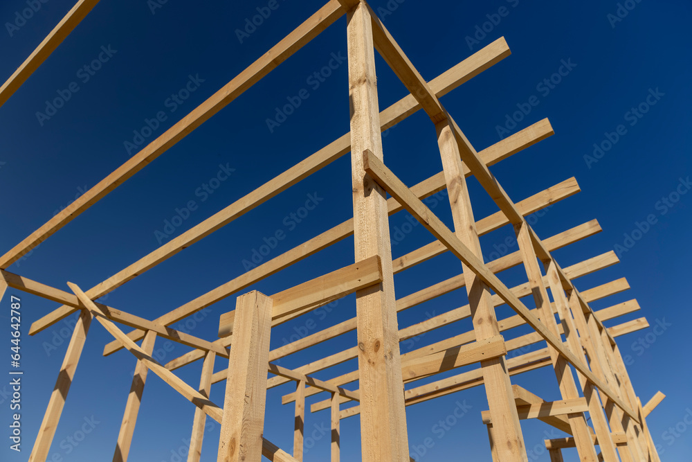 the wooden part of the prefabricated structure of a frame building