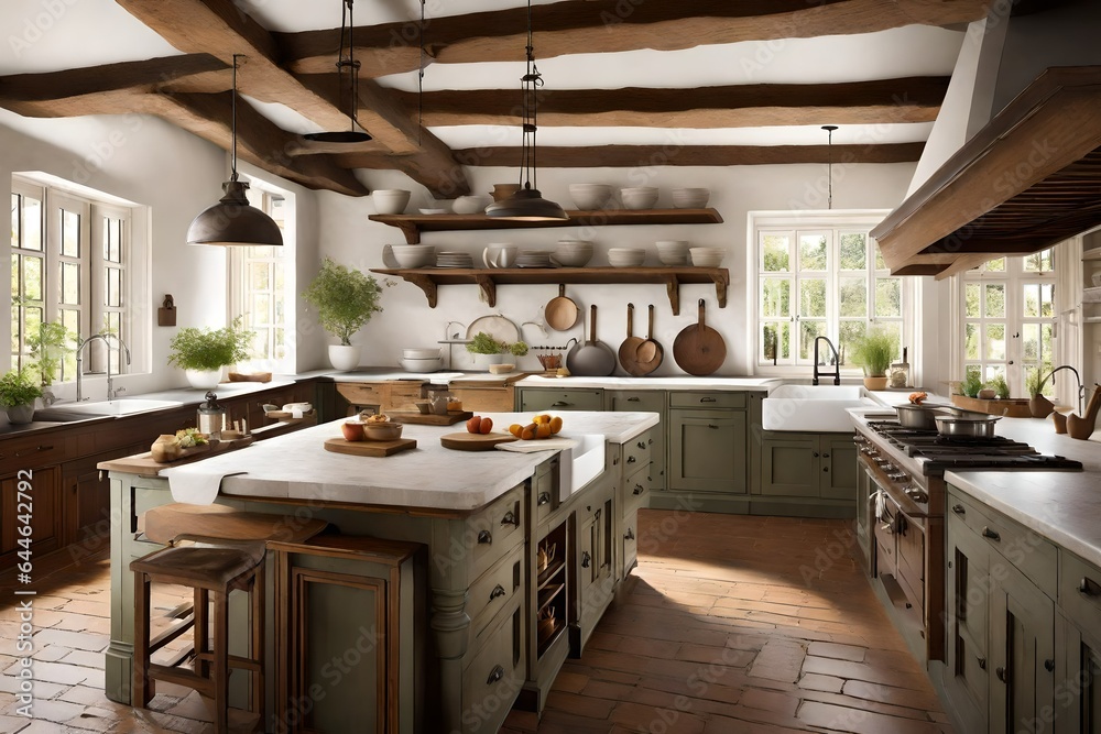 The classic charm of a Colonial kitchen, with  wooden beams and a farmhouse sink, evoking a sense of nostalgia 