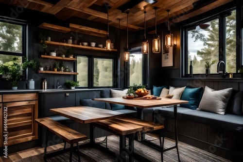The elegance of a tiny home's dining area, with a custom-built table and seating for two 