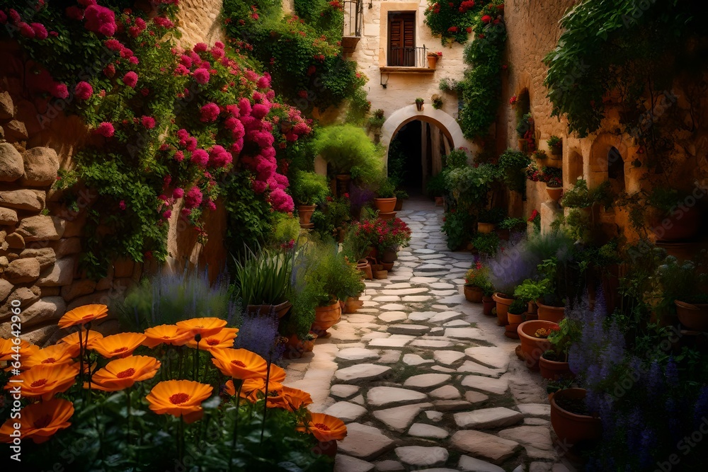 A serene Mediterranean garden path, bordered by vibrant flowers and ancient stone walls 
