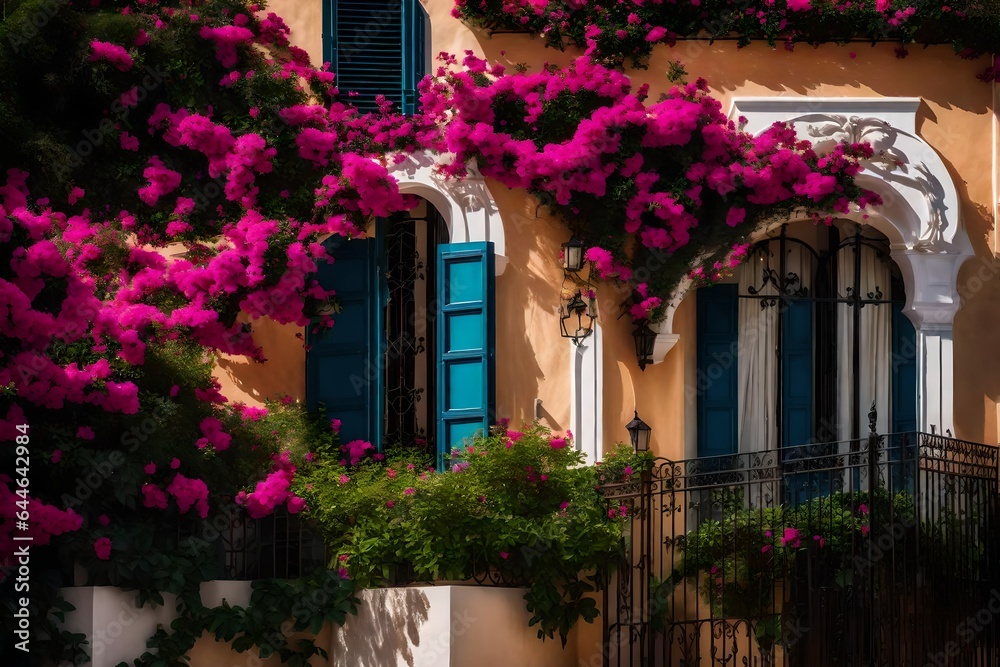 The elegant facade of a Mediterranean villa, framed by climbing bougainvillea and wrought iron details 