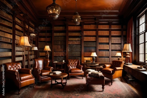 A Colonial-style library, filled with vintage books, leather armchairs, and the soft, warm glow of antique lamps 