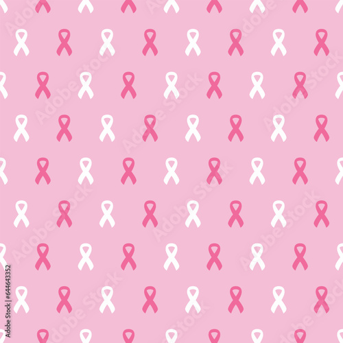 Seamless pattern with pink cancer ribbons. Breast Cancer Awareness Month pink and white background. Cancer ribbon symbol. Cancer prevention, women health care support. Hand drawn illustration