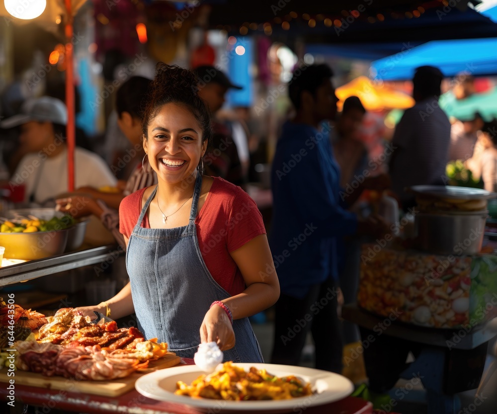 A Latin individual prepares delicious, culturally unique dishes at a gathering. Ideal for themes of culinary diversity, community, and cultural celebration.