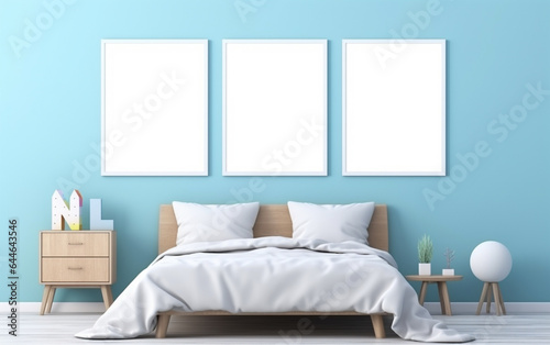 Mock up posters in child room interior, posters on empty blue wall background