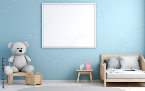 Mock up posters in child room interior, posters on empty blue wall background © MUS_GRAPHIC