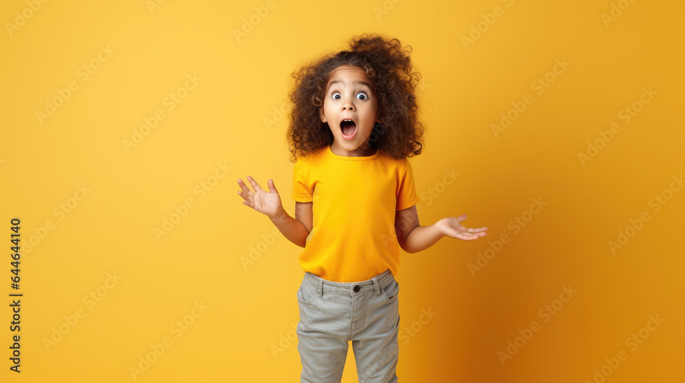 Generative AI, surprised child, little curly cute kid, cheerful toddler, emotions, shocked joyful facial expression, enthusiastic face, colorful bright background, emotional portrait Generative AI, surprised child, little curly cute kid, cheerful toddler, emotions, shocked joyful facial expression, enthusiastic face, colorful bright background, emotional portrait