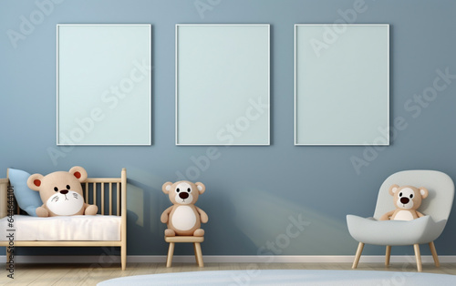 Mock up posters in child room interior, posters on empty blue wall background © MUS_GRAPHIC