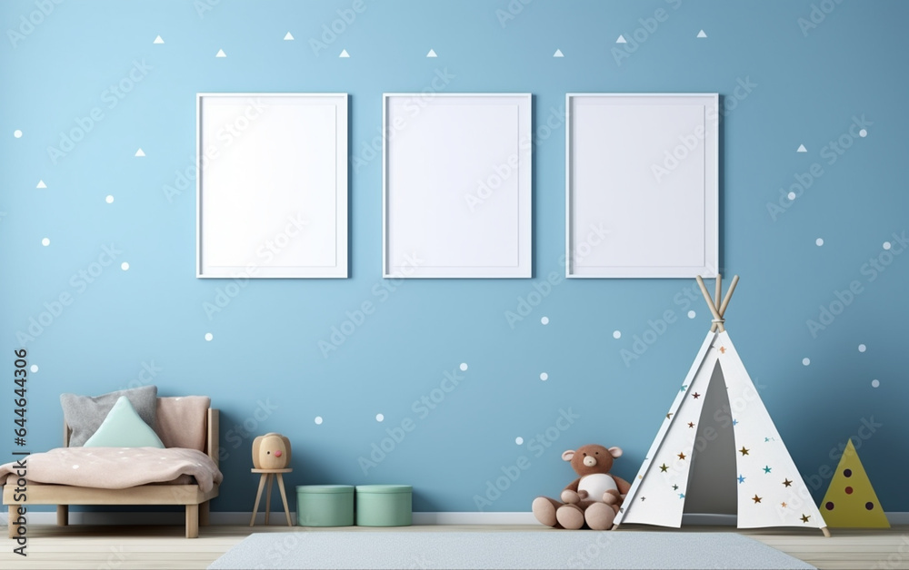 Mock up posters in child room interior, posters on empty blue wall background Mock up posters in child room interior, posters on empty blue wall background