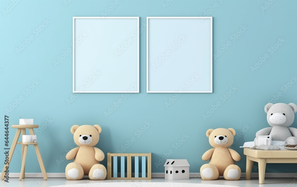 Mock up posters in child room interior, posters on empty blue wall background Mock up posters in child room interior, posters on empty blue wall background