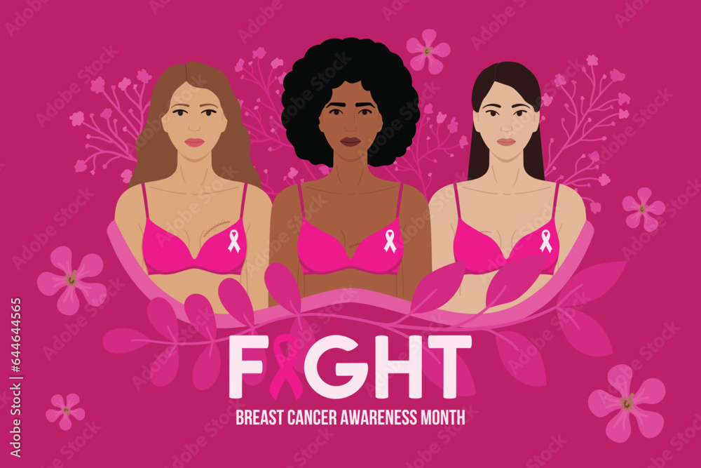 Breast Cancer Awareness Month. Fight phrase. 3 diverse women with flowers and pink ribbons on bra stand together against cancer. Cancer prevention, women health vector illustration Breast Cancer Awareness Month. Fight phrase. 3 diverse women with flowers and pink ribbons on bra stand together against cancer. Cancer prevention, women health vector illustration