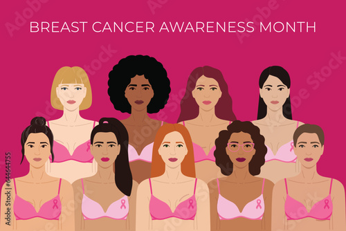 Breast Cancer Awareness Month. Diverse women with mastectomy, lumpectomy scars and pink ribbons on bra stand together against cancer. Cancer prevention, women health care support illustration